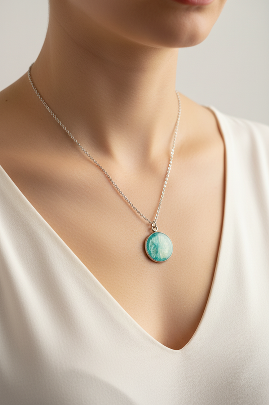 Colar de resina turquesa e creme num pescoço humano