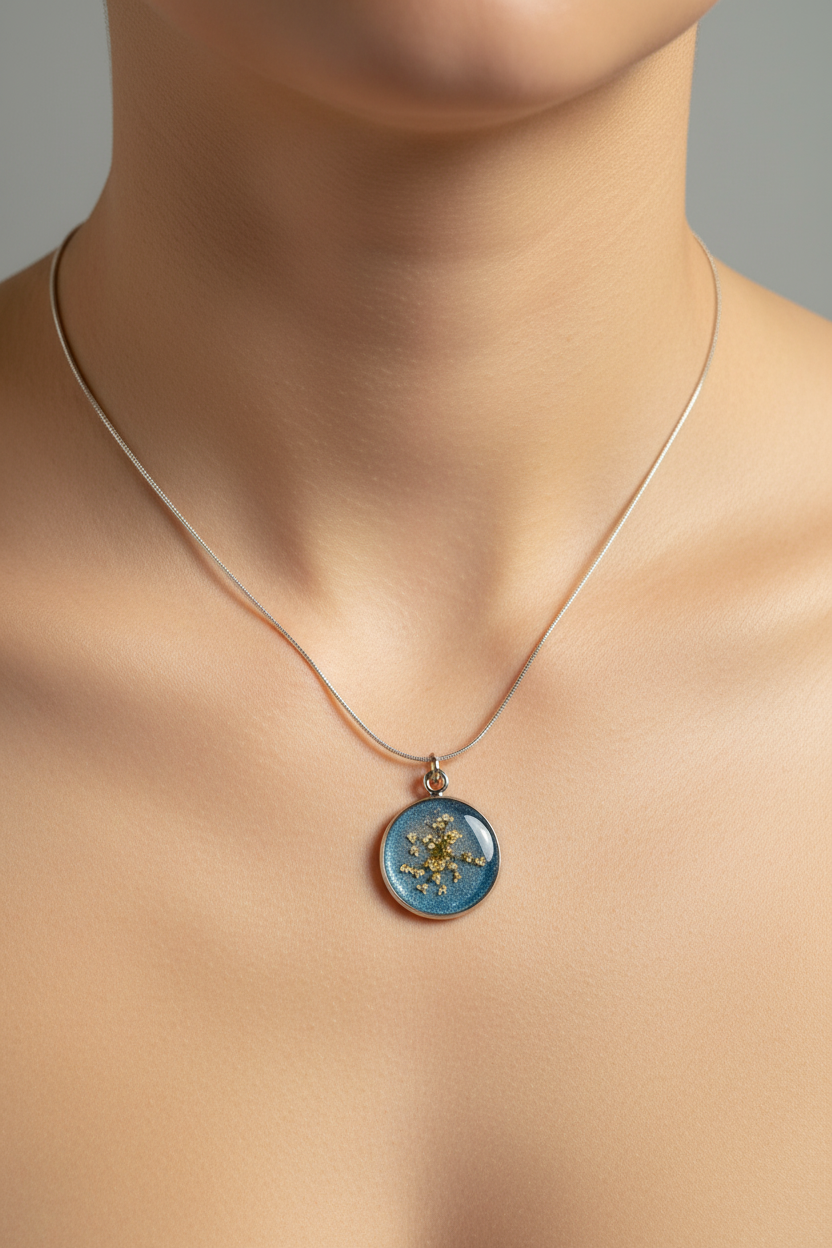 Colar de resina azul com folha de ouro num pescoço humano