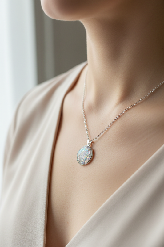 Colar de resina com brilhos prateados num pescoço humano