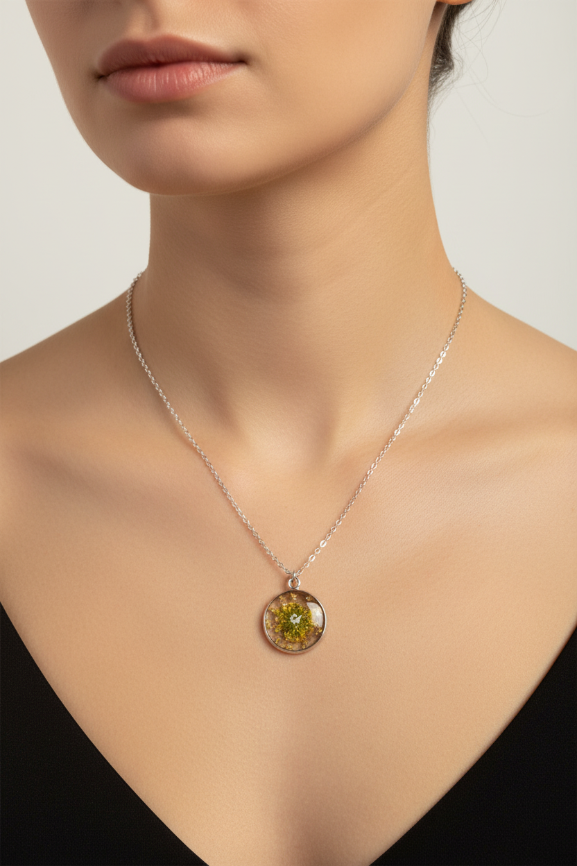 Colar de resina dourada num pescoço humano